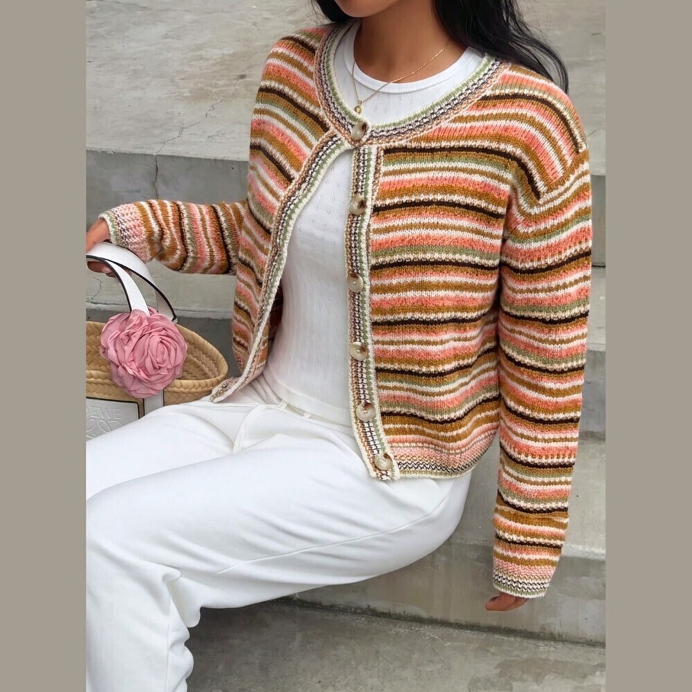 Brown / Pink Multicolor Striped Knit Button Front Cropped Cardigan